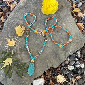 Handmade Boho Necklace Leaf Centre & Peach & Turquoise Beads & Matching Earrings